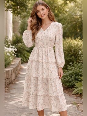 Floral Cream Tiered Long-Sleeve Midi Dress